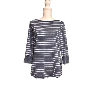 Nautical Striped Boatneck Tunic Top Womens Medium Blue Buttons 3/4 Sleeve